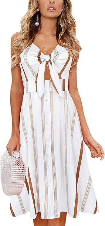 ECOWISH Women Dresses Summer Tie Front V-Neck Spaghetti Strap Button Down A-Line Backless Swing M... | Amazon (US)