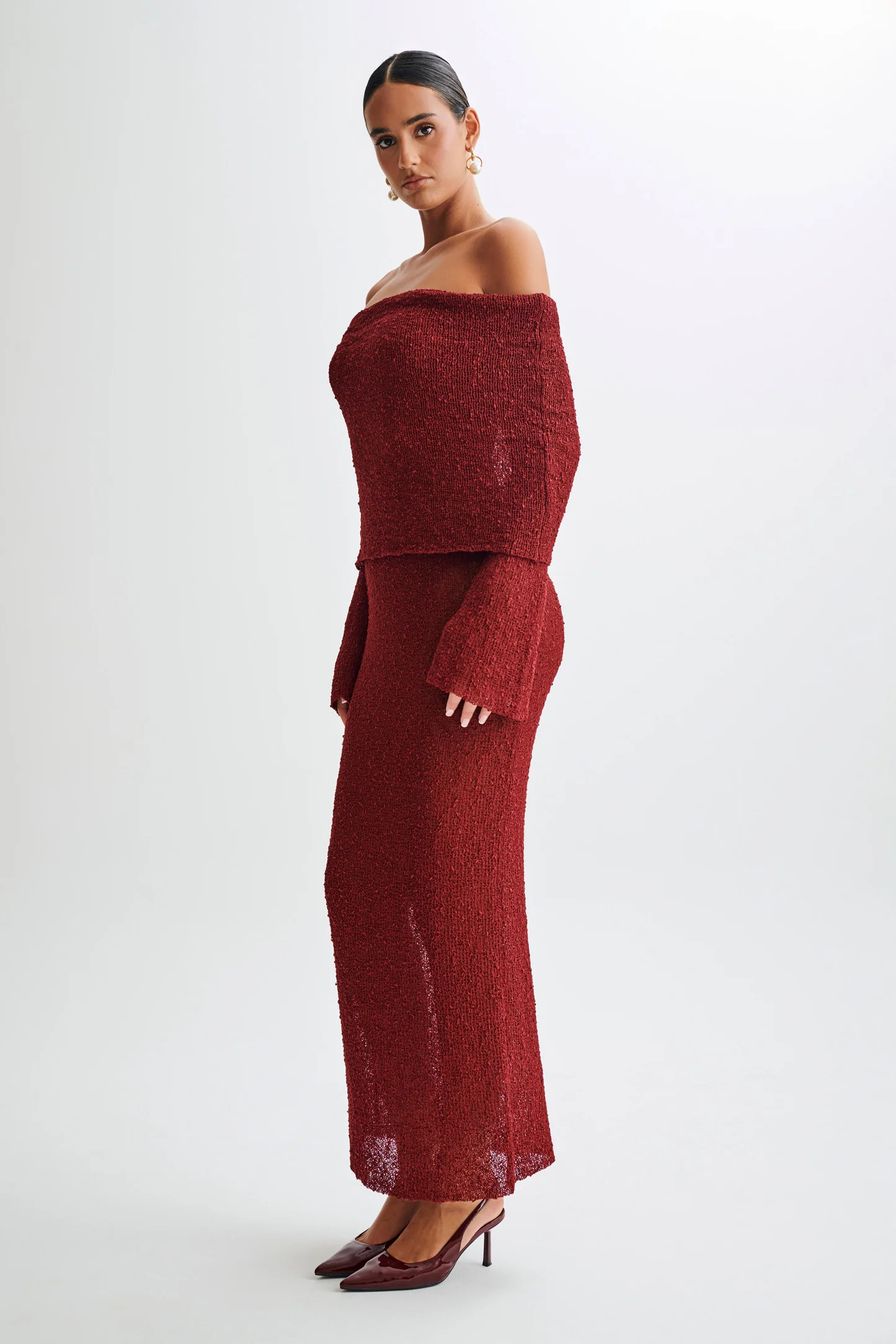 Marisol Off Shoulder Boucle Maxi Dress - Plum | Meshki (APAC)