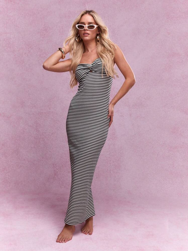 MISSGUIDED Twist Knot Detail Bust Textured Stripe Ribbed Bandeau Bodycon Maxi Dress | SHEIN