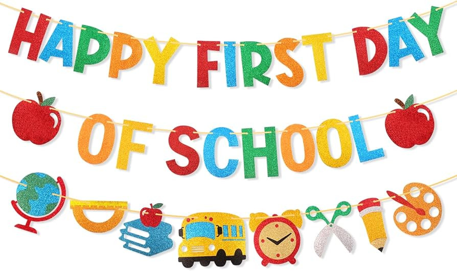 Happy First Day of School Banner Pre-Strung Glitter Classroom Decor | Amazon (US)