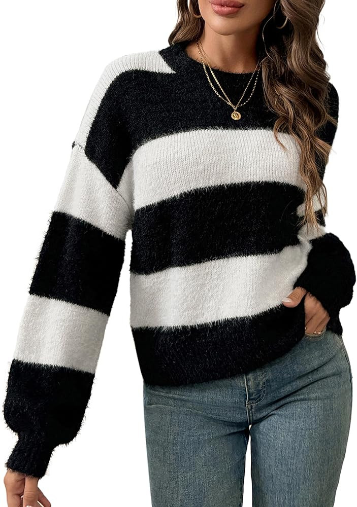 Womens Cute Color Block Long Sleeve Pullover Sweater Casual Crewneck Fluffy Fleece Sweater Spring... | Amazon (US)