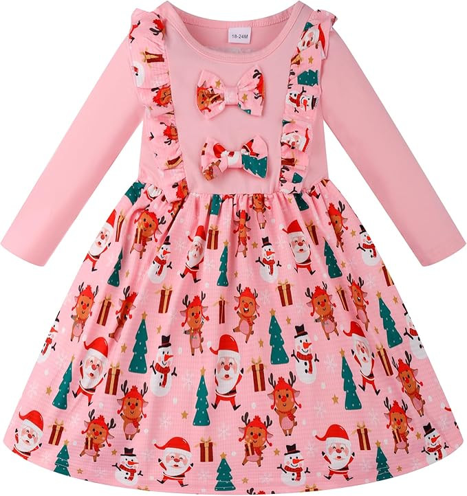 Little Girls Long Sleeve Dresses Print Splicing Ruffles Bowknot Girls A-line Dress | Amazon (US)