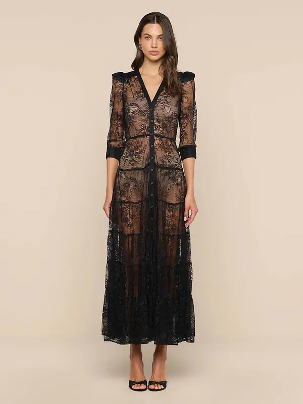 Seraphina Lace Tiered Maxi Dress in Black | L'AGENCE | L'Agence