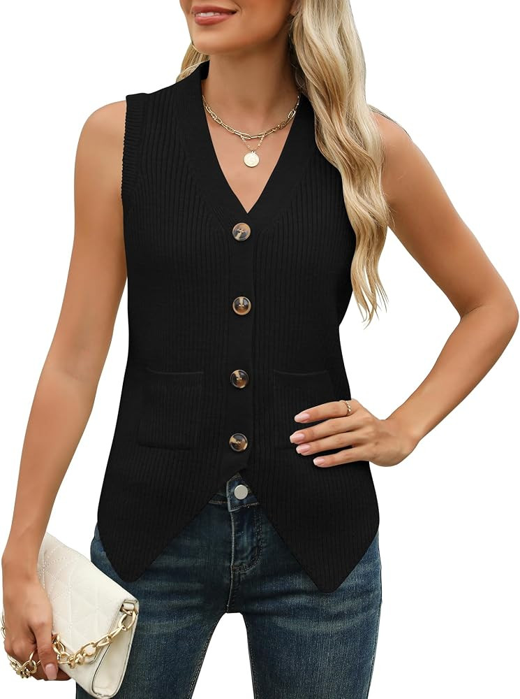 Rapbin Womens Sweater Vest Dressy Knit V Neck Ribbed Tank Top Sleeveless Casual Shirt | Amazon (US)