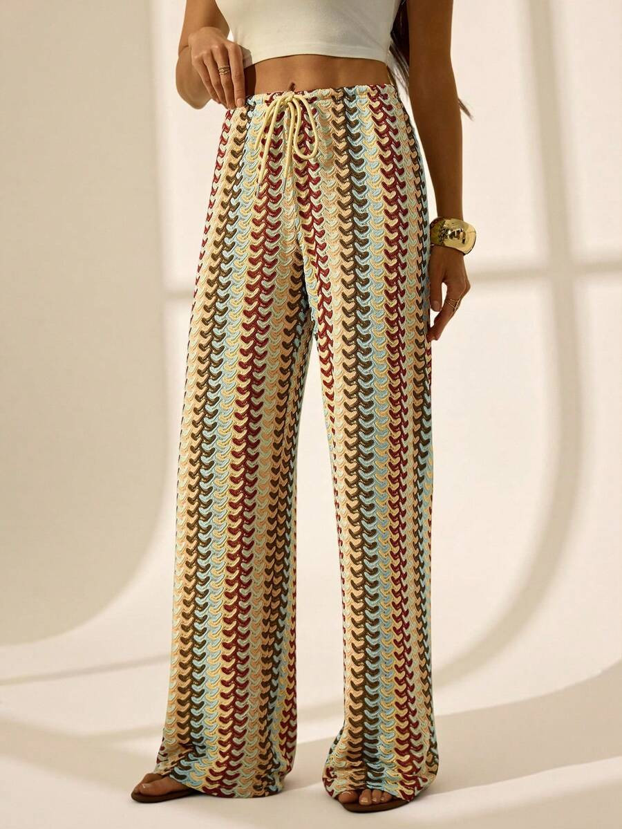 SHEIN Tall Women's Vacation Drawstring Waist All-Over Print Loose Wide Leg Casual Pants,Fall | SHEIN