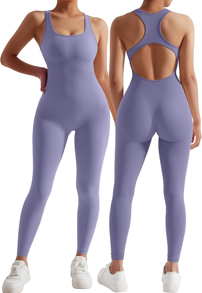 MOSHENGQI Women Racerback One Piece Jumpsuits Sleeveless Backless Bodycon Tummy Control Workout R... | Amazon (US)