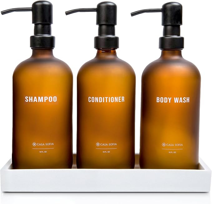 Frosted Amber Glass Shampoo and Conditioner Dispenser Set – Refillable 16 oz Pump Bottles with ... | Amazon (US)