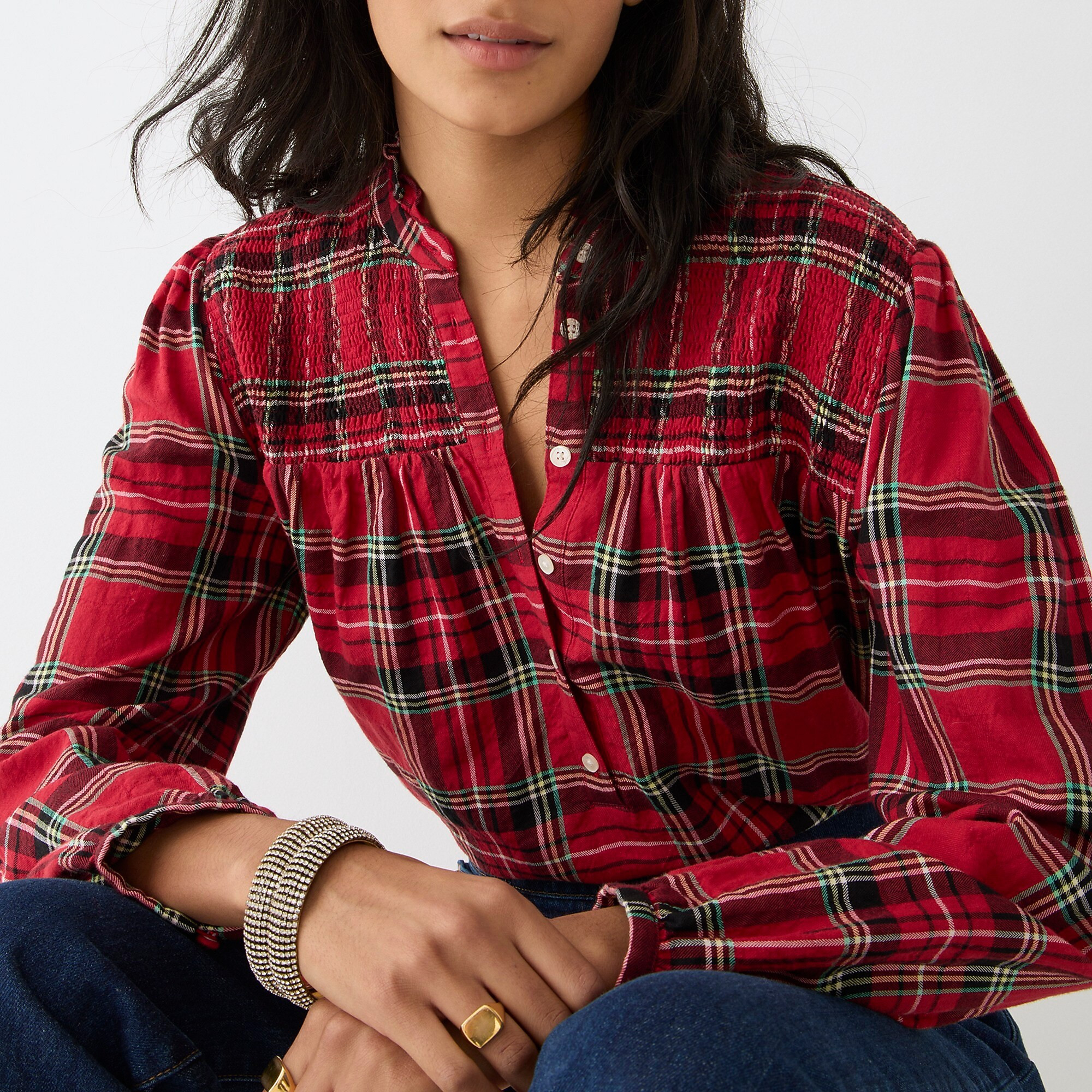 Ruffleneck cotton flannel popover in Good Tidings plaid | J. Crew US