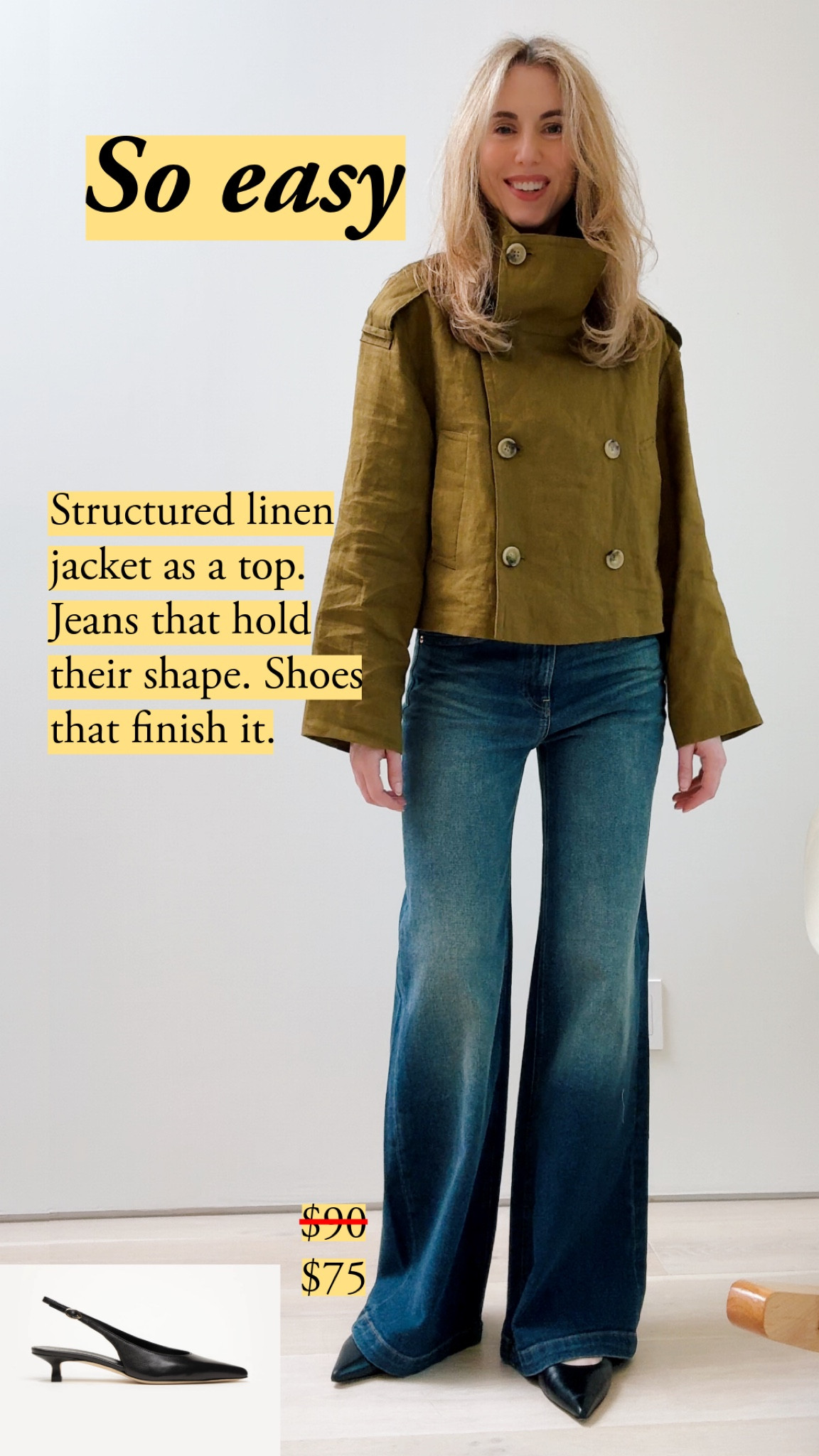 The linen jacket reads as a structured top – funnel neck for drama, double-breasted for classic reference, and enough weight to hold its shape. The flare jeans have measurements close to Khaite and trace your legs when you move. Pointy kitten heels finish the jeans' sharp silhouette. gap jeans, wide leg jeans, summer jeans, summer wardrobe essentials, casual style, what to wear to work


#LTKootd