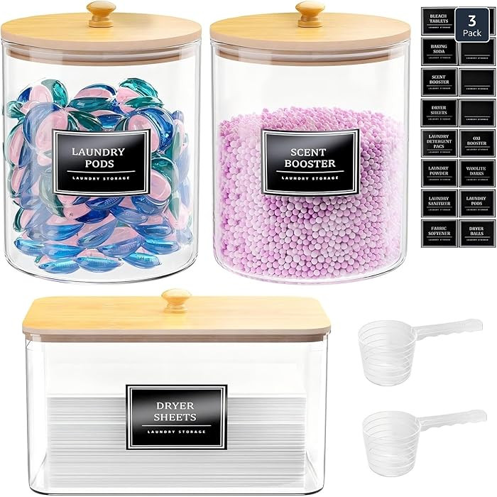 2+1 Pack Glass Laundry Pods Container & Dryer Sheet Holder, Clear Laundry Room Organization Conta... | Amazon (US)