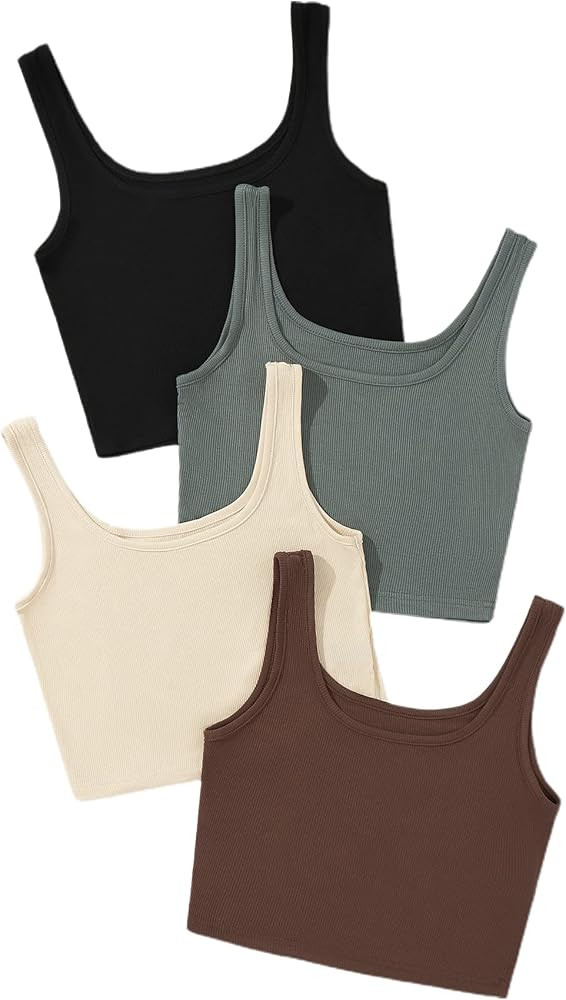 SheIn Women's 4 Pieces Scoop Neck Sleeveless Ribbed Knit Casual Tank Crop Top | Amazon (US)