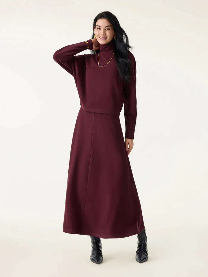 2Pcs Set Mockneck Batwing Sleeve Brami & Midi Pull-on A-Line Skirt with Pockets | OGLmove