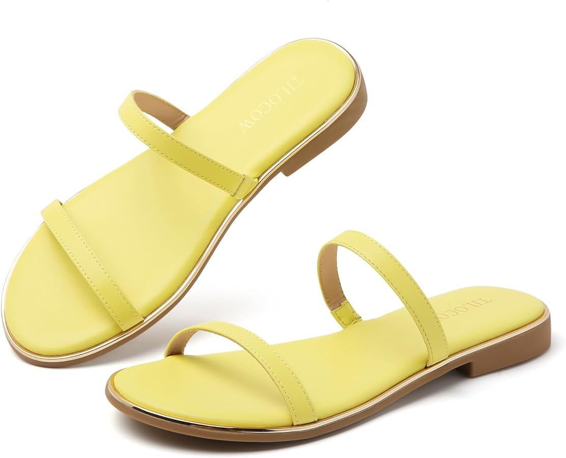 Tilocow Strappy Flat Sandals for Women Dressy Comfortable Round Toe Slides Fashion Summer Shoes | Amazon (US)