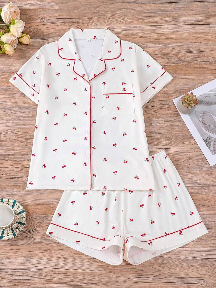2pcs Cherry Print Women Loungewear Set, Short Sleeve Lapel Cardigan Top & Relaxed Elastic Waist S... | SHEIN