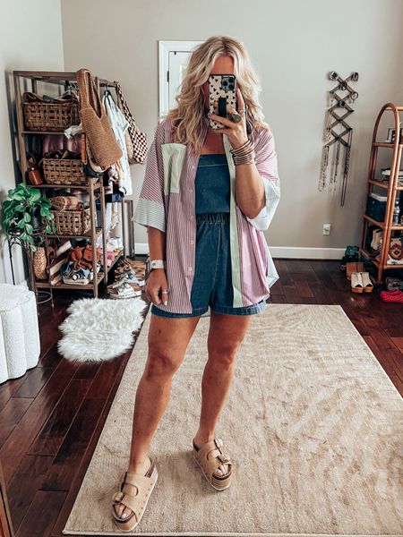 This colorblock striped button up is adorable! Love it layered over a tank, romper, & shortalls! 
•Romper is @mindymaesmarket ( can’t link here ) save with code MANDIE15 
•Button is a size L ( I think I could’ve worn a medium ) 
•Sandals TTS 
 

#LTKStyleTip #LTKFindsUnder50 #LTKOver40