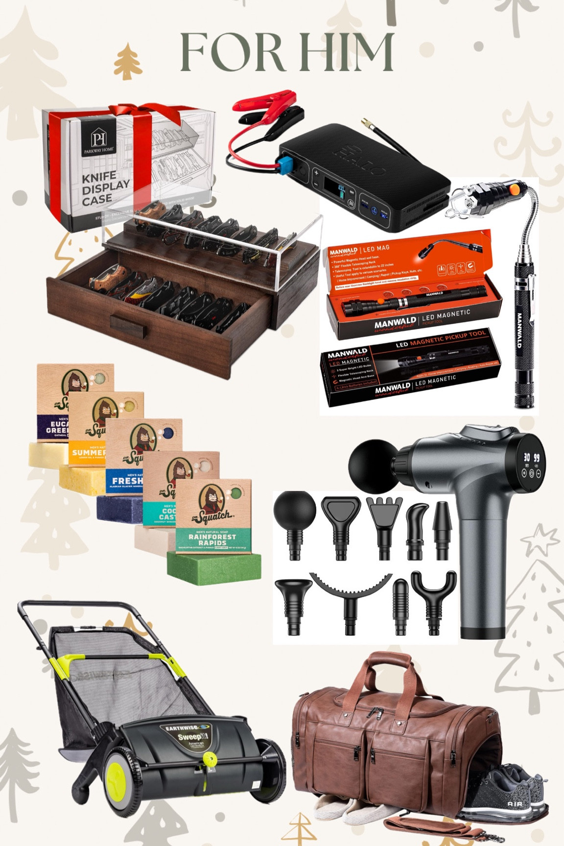 Gift for any guy on your list this holiday season! 
-knife display case
-portable emergency power kit
-LED magnetic light (great for working on vehicles!)
-body soap that smells so good!
-massage gum
-leaf sweeper
-weekender bag

#LTKFindsUnder100 #LTKGiftGuide #LTKMens
