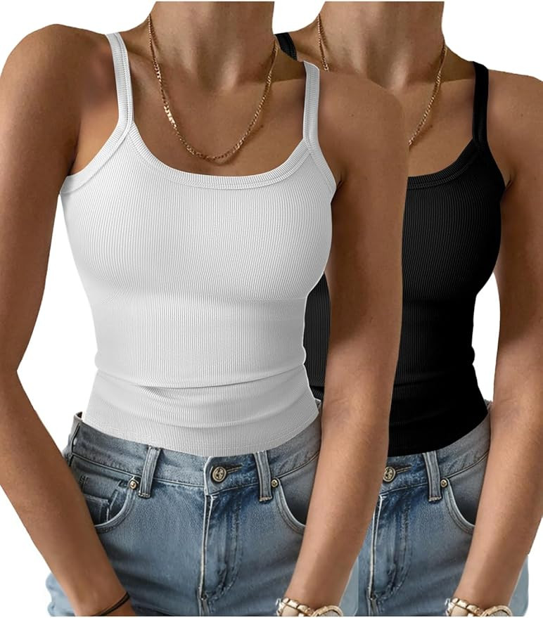 2 Pack Womens Sleeveless Tank Top Form Fitting Spaghetti Strap Scoop Neck Ribbed Knit Basic Cami ... | Amazon (US)