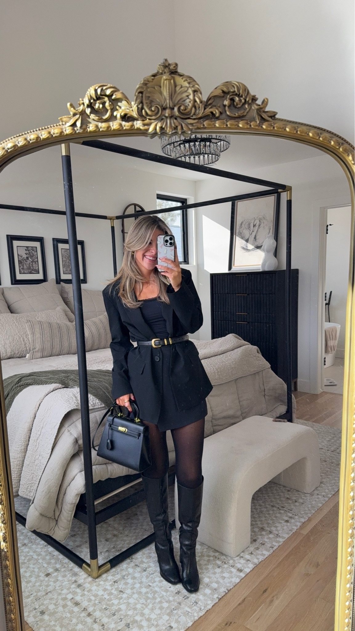 Black on black workwear look. Lack cami with blazer mini skirt tights and boots 

Wearing my usual smalls. 

Divi code: Emerson 

#LTKStyleTip #LTKWorkwear #LTKSeasonal