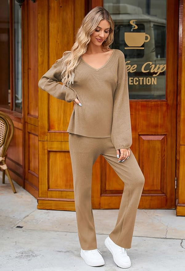 Viottiset Women's 2 Piece Outfits Casual V Neck Knit Wide Leg Sweater Lounge Set Sweatsuit | Amazon (US)