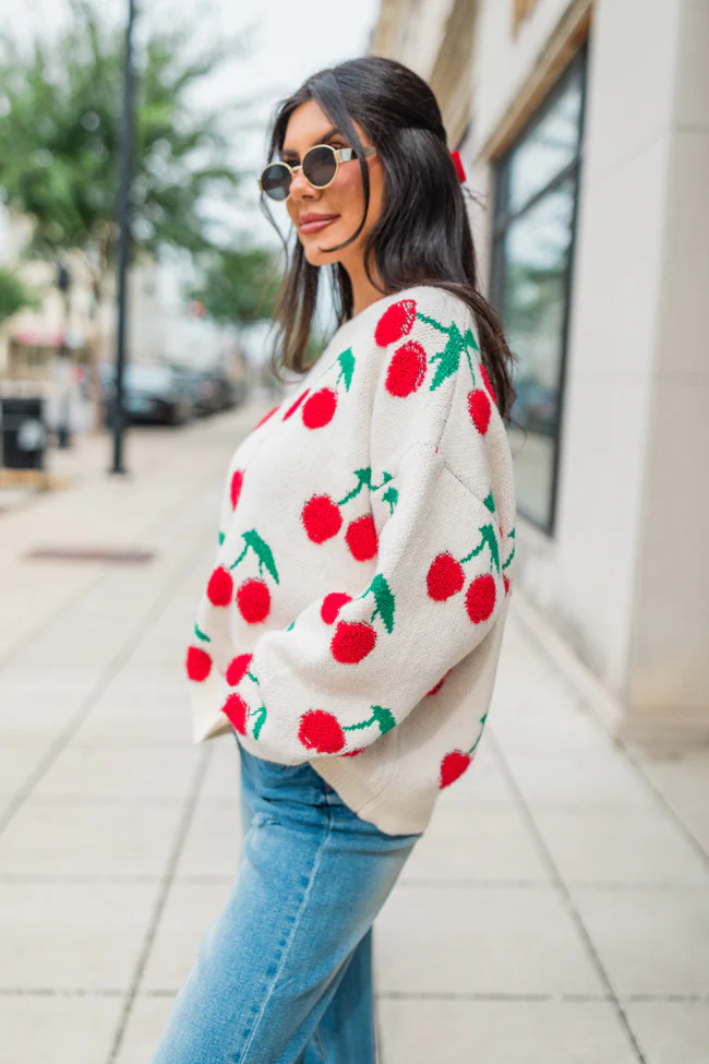 I Pick You Ivory Cherry Print Crew Neck Sweater | Pink Lily