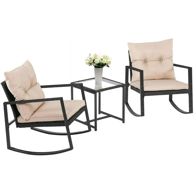 FDW 3 Pieces Wicker Outdoor Set with a High-Quality Tempered Glass Coffee Table, Black, steel, 2 | Walmart (US)