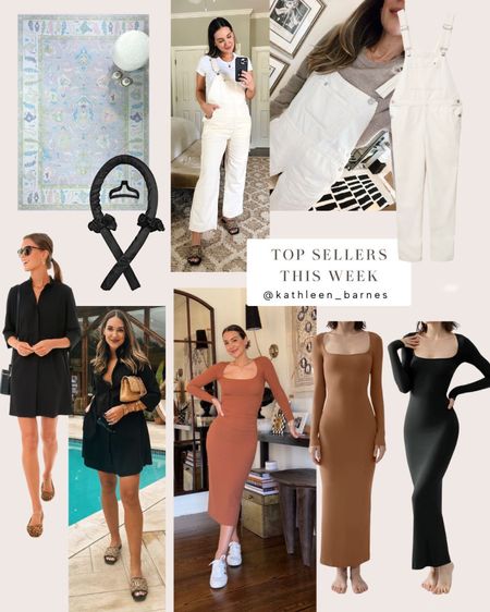 This week’s top sellers - the Amazon dupe of the skims dress, heatless curlers, black collared shirt dress, canvas overalls on sale and the sweetest pastel rug