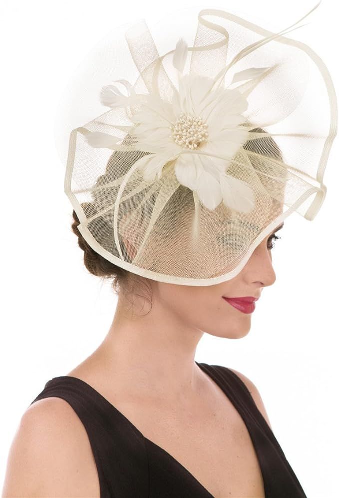 SAFERIN Fascinator for Women Hair Clip Hat Bowler Feather Flower Veil Wedding Party Hat Tea Hat | Amazon (US)