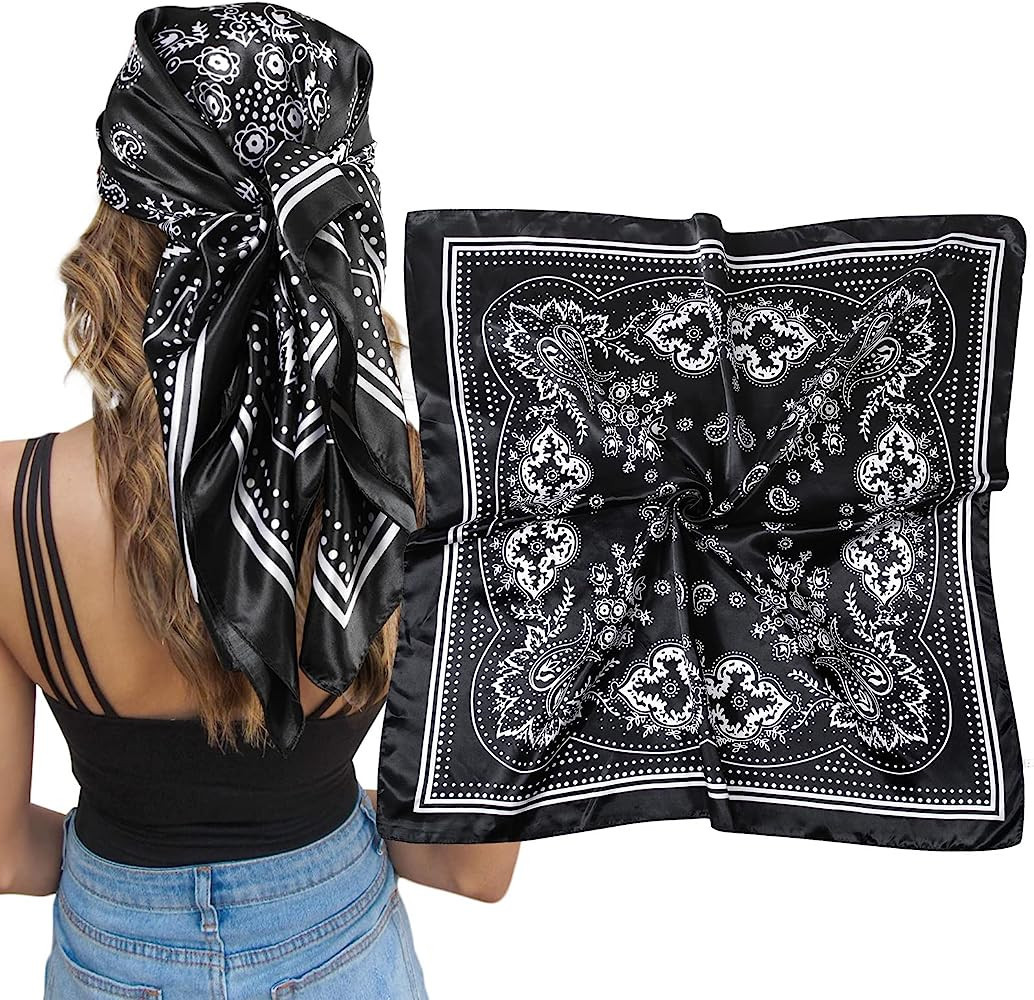 AWAYTR 35" Large Square Satin Head Scarf - Silk Hair Scarf Square Hair Bandanas Large Scarf Sleep... | Amazon (US)