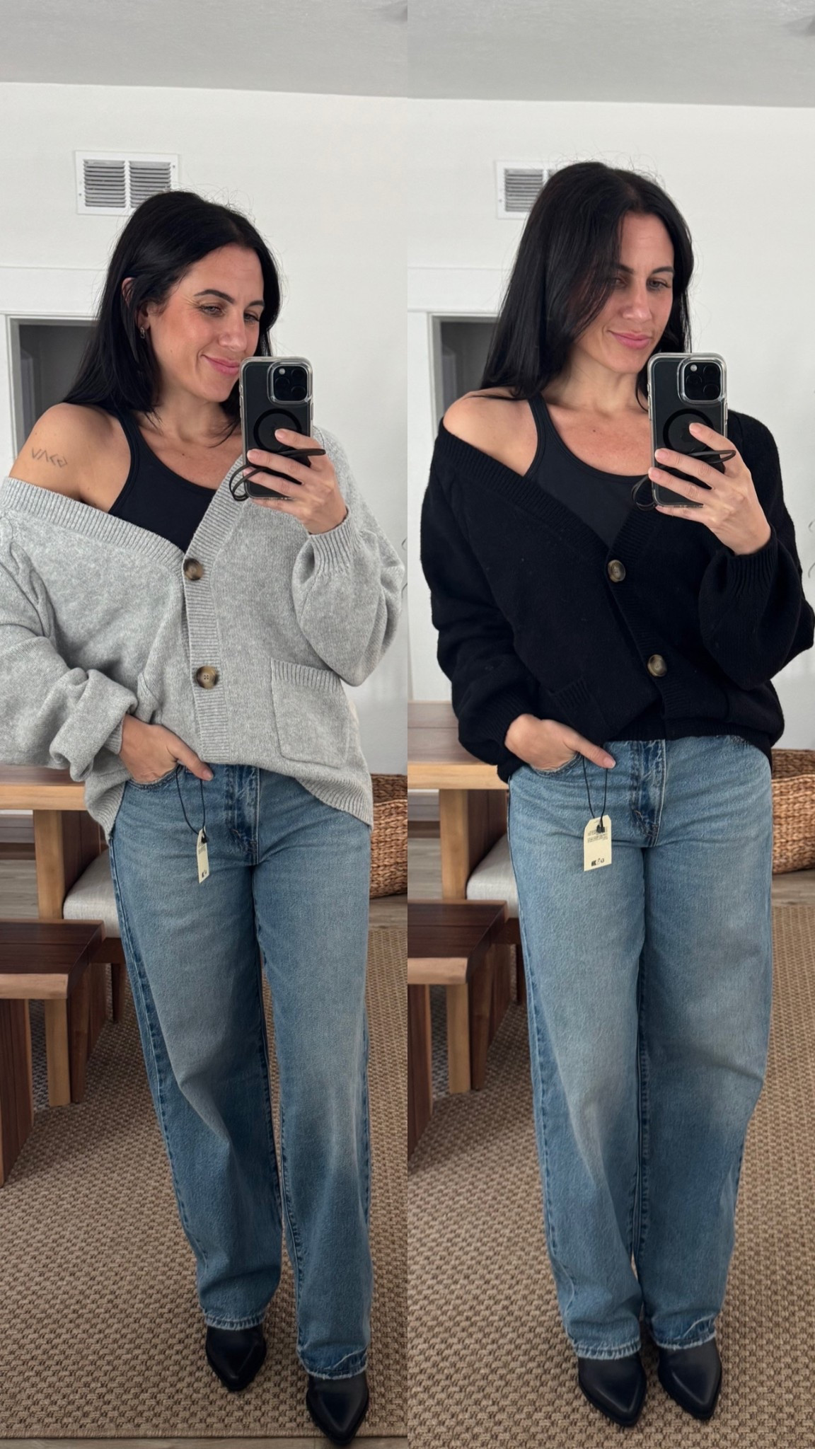 BP cardigan part of the Nordstrom Sale Nsale. You can wear it on or off the shoulder. I am wearing an xsmall in the cardigan and a 26 in the jeans (I sized up for a baggy look)  

#LTKSaleAlert #LTKOver40 #LTKFindsUnder50