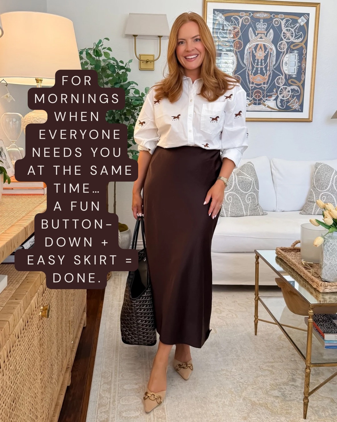 Sizing: Top- medium, skirt - small

When everyone needs you at the same time in the morning, we are NOT planning a complicated outfit 😂 A fun printed button-down + easy brown skirt feels interesting and polished without needing a million accessories. Such a cute fall office look!
#LTKWorkwear #BusinessCasual #FallWorkOutfit #OfficeOutfit #WorkStyle