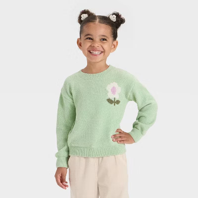 Toddler Girls' Flower Pullover Sweater - Cat & Jack™ Light Green 4T | Target