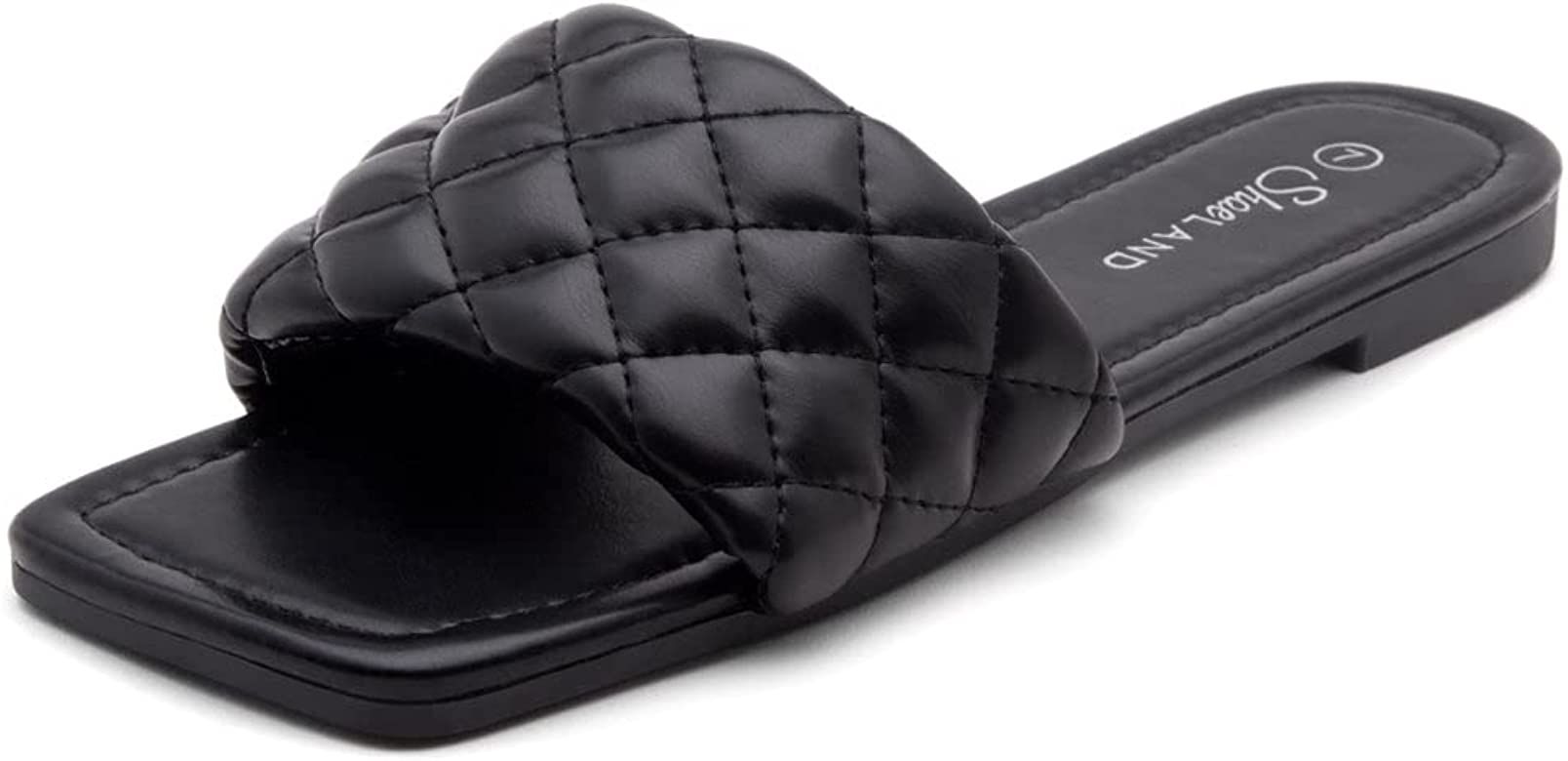 Shoe Land Anisha Women's Slides Square Open Toe Quilted Single Band Slip on Flat Sandals | Amazon (US)