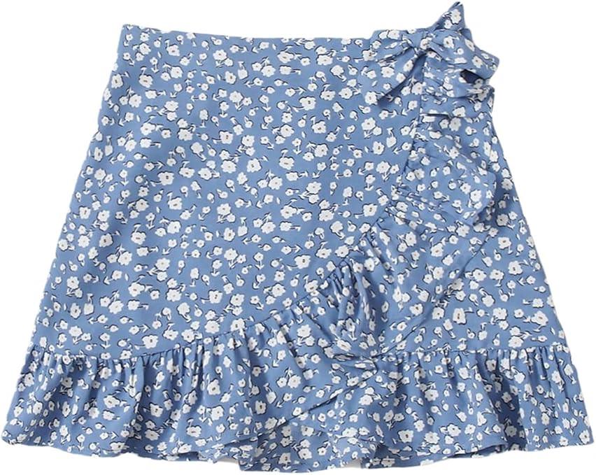 Milumia Girl's Boho Floral Print Ruffle Hem Skirt Wrap Knot Side Short Mini Skirts | Amazon (US)