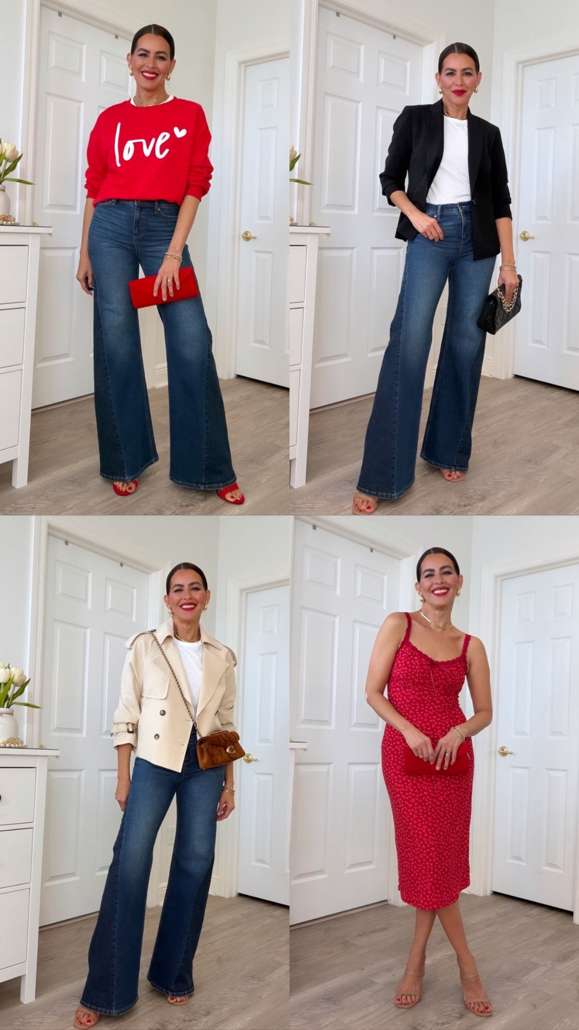 Scroll to shop👉🏼$25 Jeans in petite, regular and long. Size 2L in jeans. Size M in sweatshirt. Size 6 in blazer S Cropped jacket and in dress. 
Lipstick is Ruby woo with brick lipliner. 