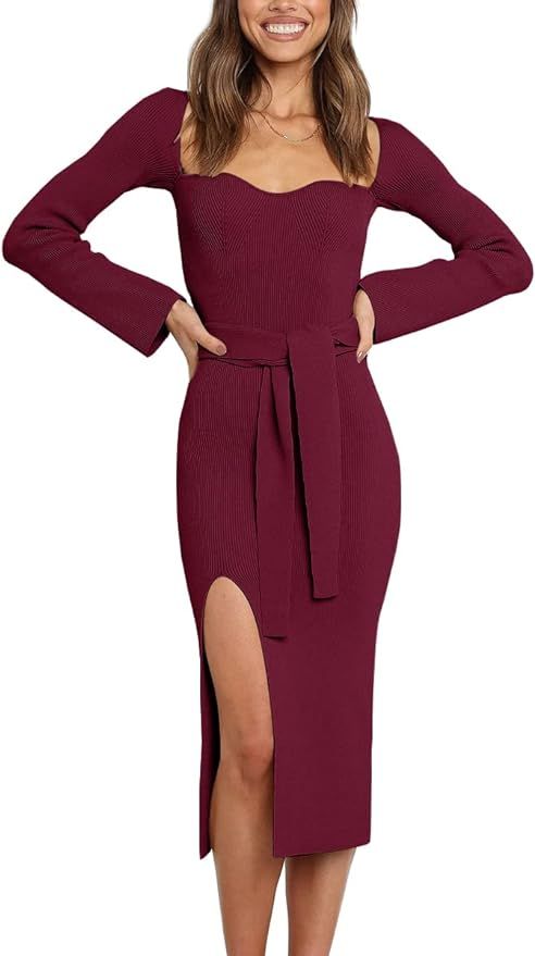 LILLUSORY Women's Sweetheart Neckline Midi Dress Long Sleeve Ribbed Knit Sweater Outfits with Sli... | Amazon (US)