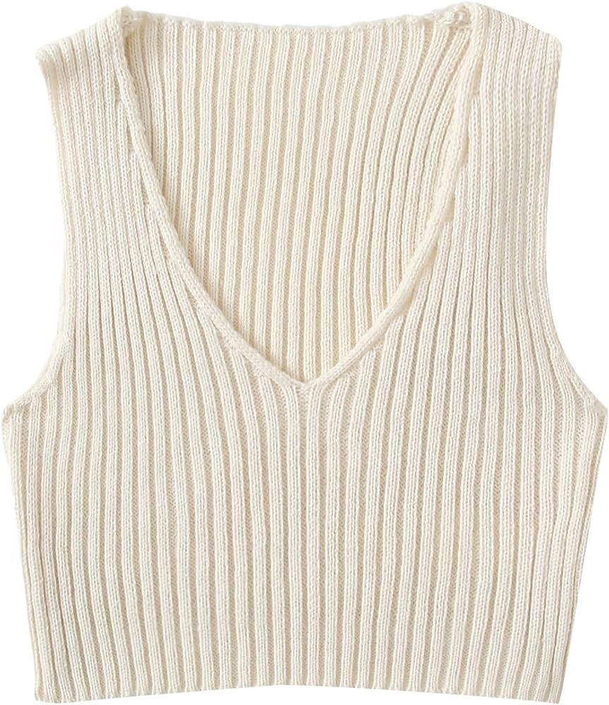 Women's Ribbed Knit Crop Sleeveless V-Neck Sweater Vest Crop Tank Top | Amazon (US)