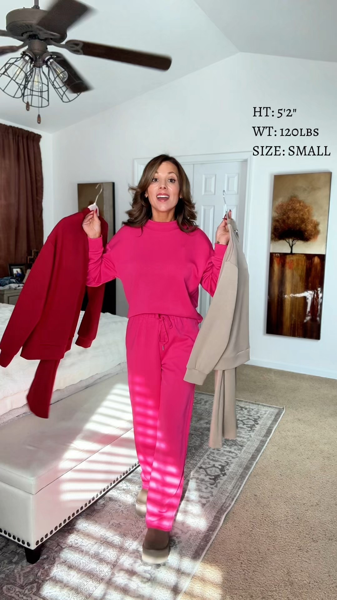 Same set, two new colors — wine and light coffee — because when you find something you actually love, you buy it again. This two piece lounge set has officially become one of my most worn outfits.

The lightweight spacer knit fabric is soft, stretchy, and comfortable without feeling bulky. The mock neck top adds a clean, polished look, and the high-waisted wide leg pants are relaxed, flattering, and easy to wear. Plus, it has real pockets, which makes it even better.

I’m 5’2”, 120 lbs wearing a size small, and this set works for lounging, casual fall outfits, errands, and travel days. Wear it as a full set or mix and match with other wardrobe staples. With 15 colors available, it’s easy to see how I ended up with more than one.

If you’re a woman over 40 looking for comfortable, practical outfits that still look put together, this set is worth grabbing. #falloutfitswomen  
#loungewearset  
#womenover40style  
#matchingset  
#casualoutfits  
#airportoutfit  
#traveloutfit  
#comfyoutfits  
#momstyle  
#fallstyle  