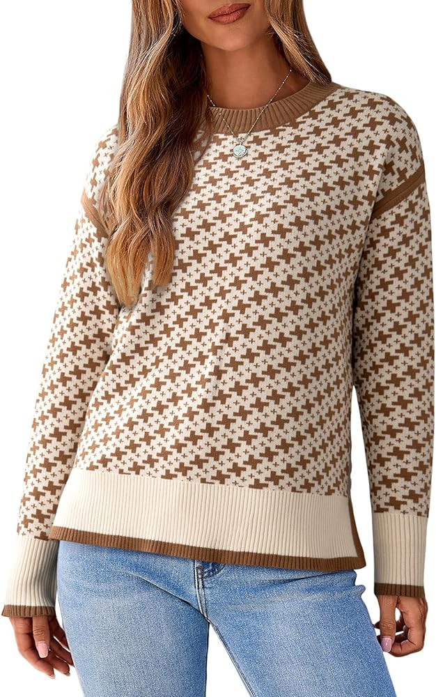 Dokotoo Womens Casual Cross Jacquard Sweaters 2025 Crewneck Long Sleeve Fall Winter Warm Knit Pul... | Amazon (US)