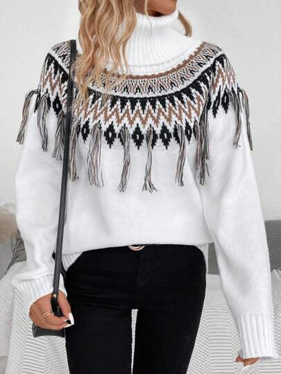 SHEIN LUNE Geo Pattern Fringe Trim Raglan Sleeve Turtleneck Sweater | SHEIN