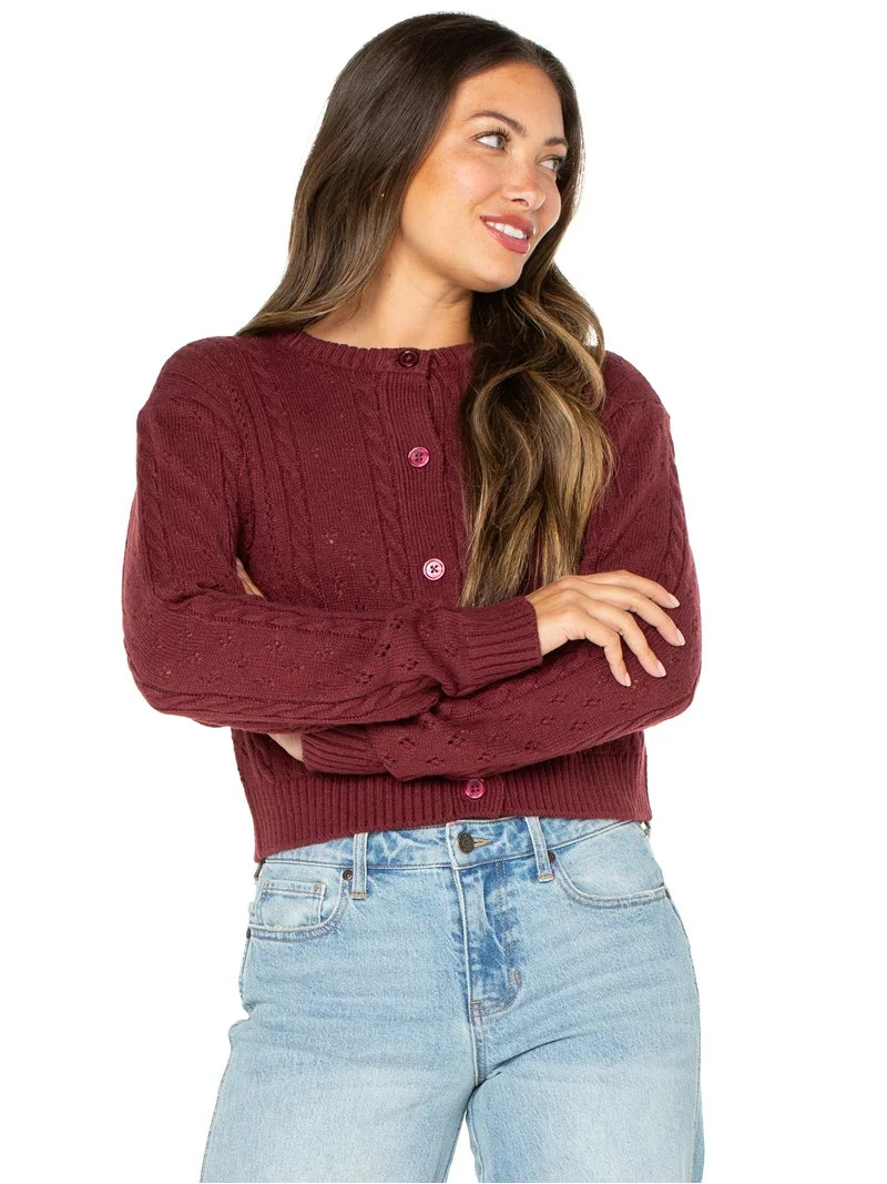 Celebrity Pink Women's Pointelle Crew Neck Cardigan Sweater, Sizes XS-XXXL | Walmart (US)