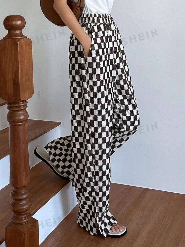 FRIFUL Women's Checkerboard Loose Fit Slit Hem Casual Pants With Side Pockets | SHEIN