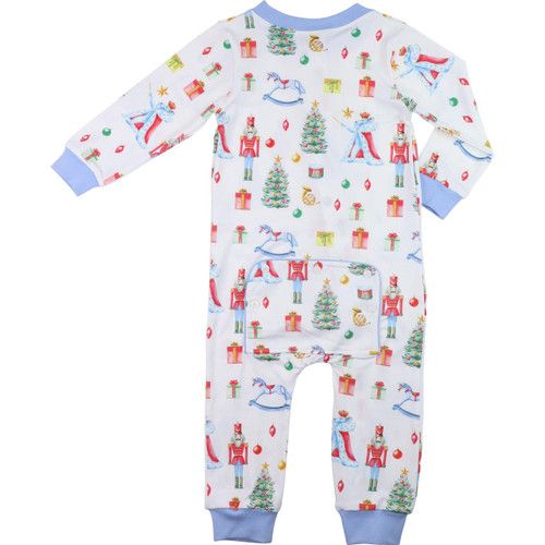 Blue Trim Nutcracker Print Knit Zipper Pajamas | Cecil and Lou