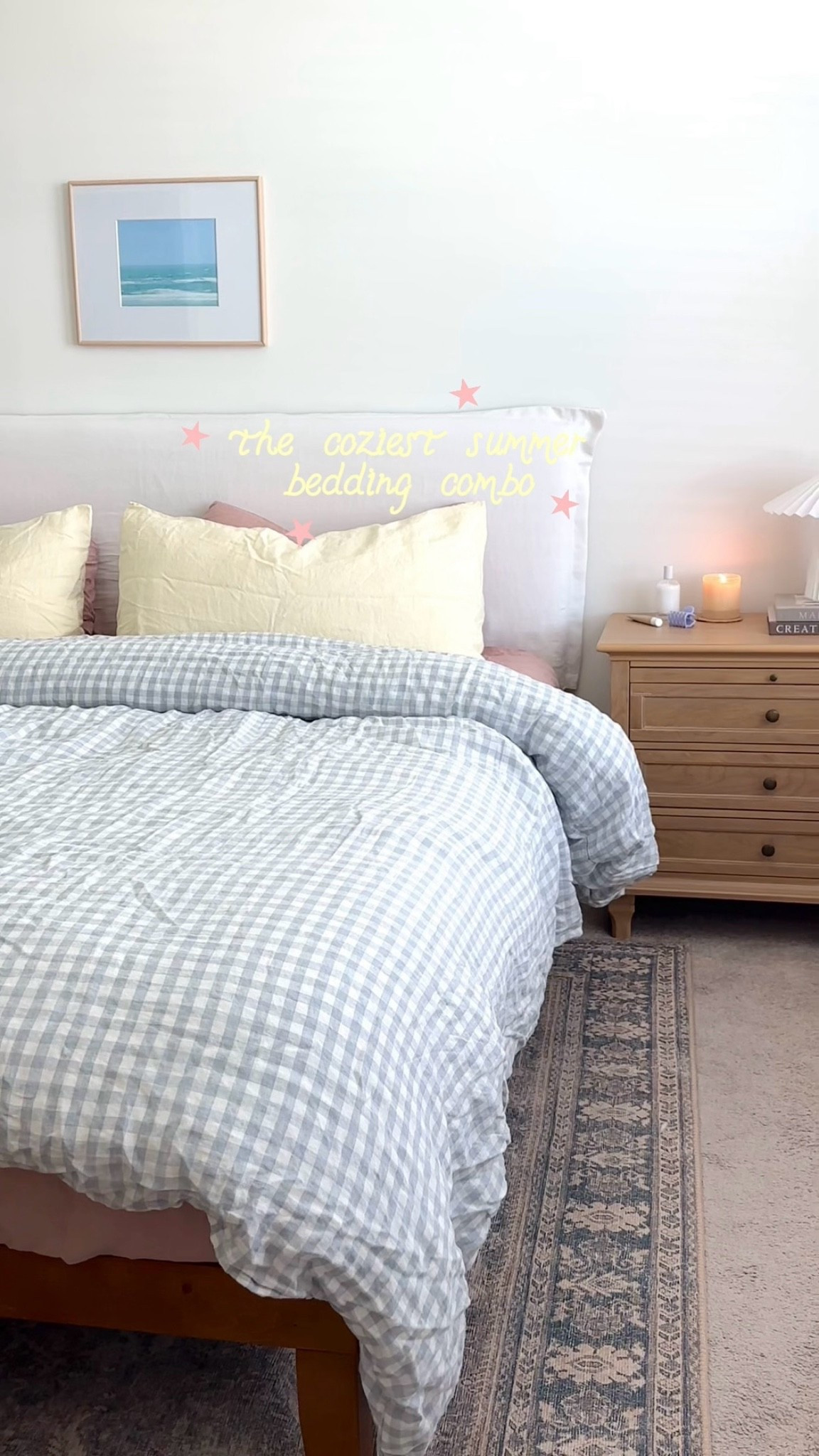 cozy summer bedding!! 🤍🌸🏄🏼‍♀️

// linen bedding, gingham bedding, coastal bedroom, summer linens, nightstand, colorful bedding

#LTKmorningroutine #LTKHome #LTKSeasonal