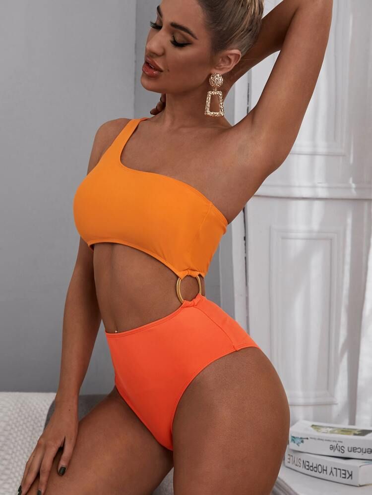 Ring Linked One Shoulder One Piece Swimwear | SHEIN