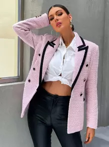 SHEIN Privé Contrast Binding Peak Collar Double Breasted Overcoat | SHEIN