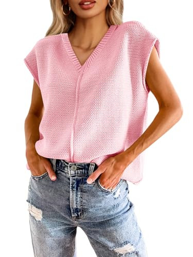 Saodimallsu Womens Summer Cap Sleeve Tops V Neck Casual Loose Fit Knit Lightweight Going Out Sweater Pullover Top Pink | Amazon (US)