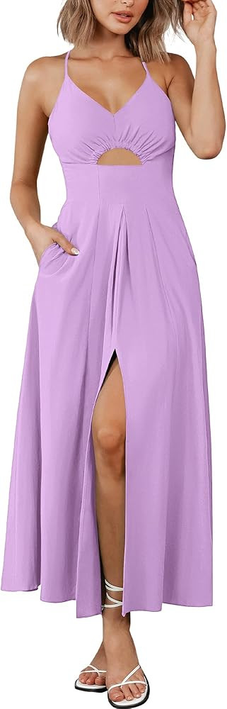 BTFBM Women 2024 Summer Spaghetti Strap Dress Sleeveless V Neck Cutout Slit Casual Beach Party Ma... | Amazon (US)