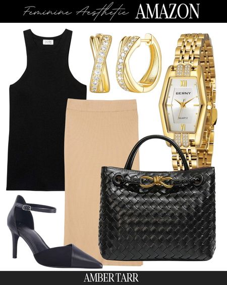 Black & tan chic outfit for date night or girls lunch. Tan fitted sweater tank, midi skirt, pumps with ankle strap and gold accessories. 

#LTKfindsunder50 #LTKfindsunder100 #LTKshoecrush