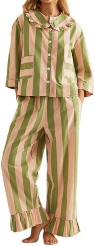 Mxiqqpltky Striped Pajama Set Womens Lounge Set Cute Button Down 3/4 Sleeve Shirt Ruffle Pants 2 ... | Amazon (US)