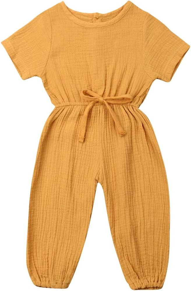 Mubineo Toddler Baby Girl Summer Fall Basic Plain Short Sleeve Cotton Linen Drawstring Romper Jum... | Amazon (US)